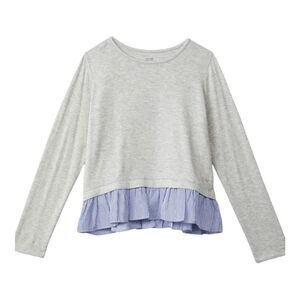 VINEYARD VINES Girls Top Mixed Media Long Sleeve Ruffle Grey Large